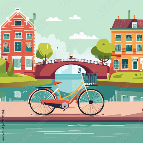 Bicycle on a canal bridge in a European city