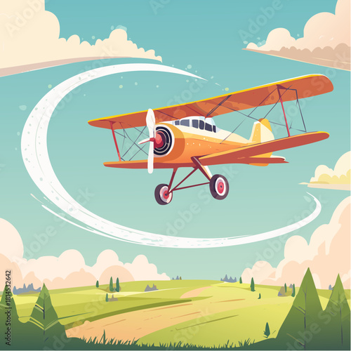 Biplane flies over green landscape