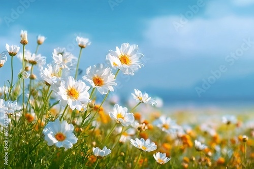Fototapeta Naklejka Na Ścianę i Meble -  Beautiful spring summer meadow with daisies flowers against the background of bright blue sky with white clouds in nature. Natural landscape with a field of chamomiles.