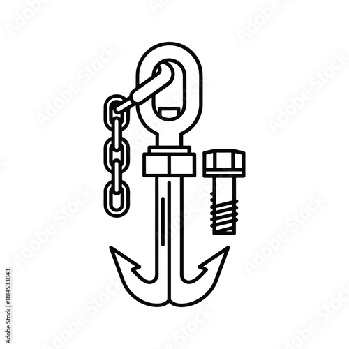 Line art icon of a marine anchor with chain link and separate bolt, isolated on