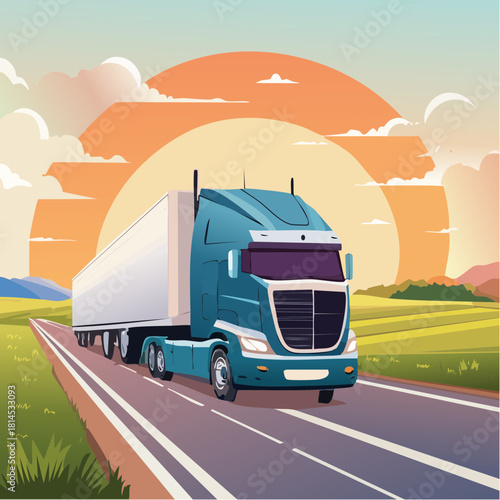 Blue semi-truck driving on highway at sunset