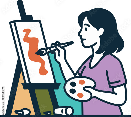 Woman painting on an easel vector illustration with a palette and brush, enjoying a hobby or leisure activity