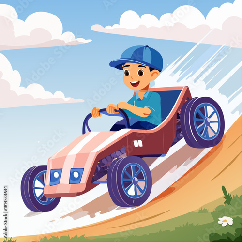 Boy driving a go-kart downhill