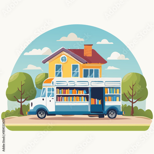 Book mobile parked by a yellow house