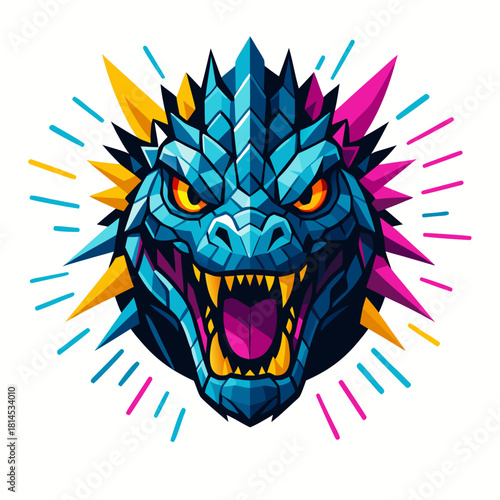 Roaring blue dragon head with strong teeth, bright eyes and spiky scales, mythical creature symbolizing strength, protection, energy, magic and fearless determination