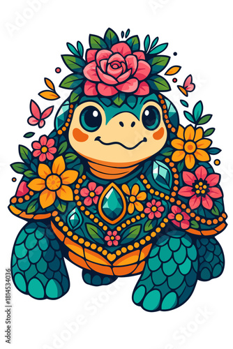 Adorable turtle covered with blooming flowers, jewels and butterflies, fantasy character blending nature, kindness, playfulness and decorative charm in whimsical design