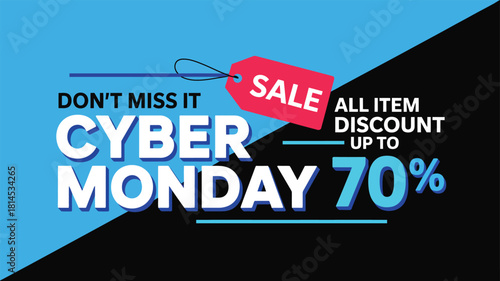 Cyber Monday sale banner with bold discount text, red tag graphic, and vibrant blue-black background for ecommerce promotion
