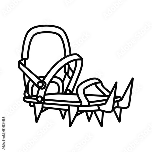 Black and white line drawing illustration of a single crampon for mountaineering and ice climbing, isolated on