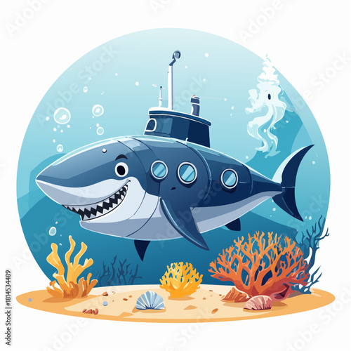 Cartoon shark submarine underwater scene