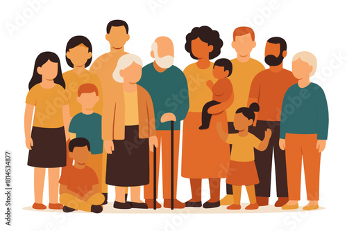 Family group illustration. Big multigenerational family standing together. Family diversity vector illustration.