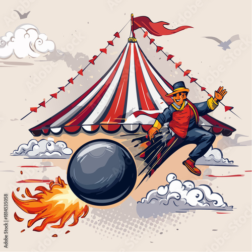 Circus performer with cannonball and fire