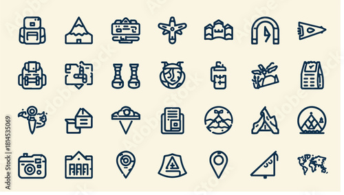 Collection of travel and adventure icons for tourism and exploration