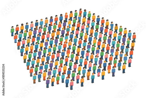Crowd isometric view. Large group of diverse people arranged in grid. Crowd vector illustration with isometric structure.