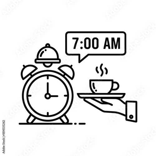 A clock with alarm and hand holding coffee cup for wake up call isolated on