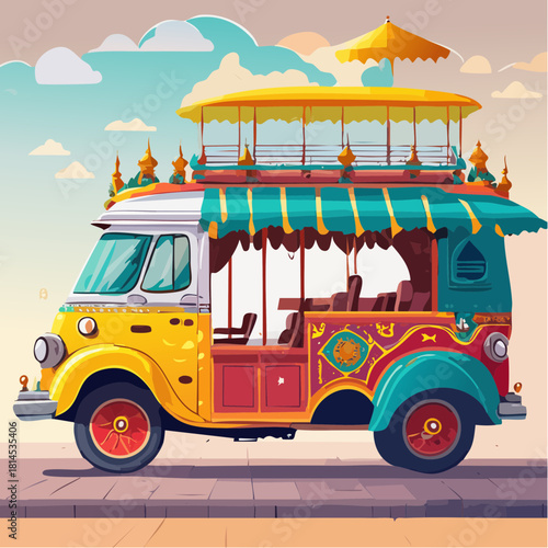 Colorful double decker bus in tropical setting