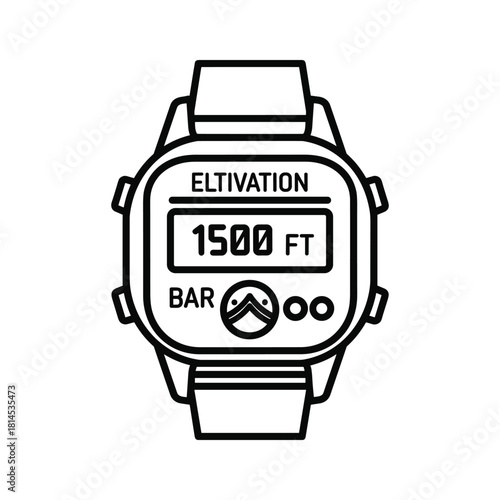 Black and white line art icon of a digital sports watch displaying elevation measurement in feet isolated on