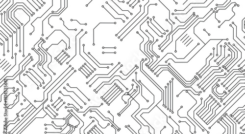 Abstract circuit board background. Technology connected white lines with electronics elements on tech bg. 