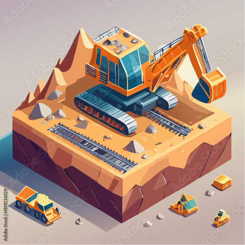 Construction site with excavator and trucks