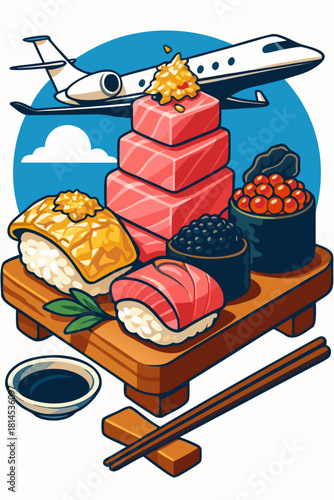 Sushi platter with tall stack of fresh sashimi, nigiri and colorful roe on wooden board, Japanese cuisine symbolizing travel, celebration, friendship and joyful sharing