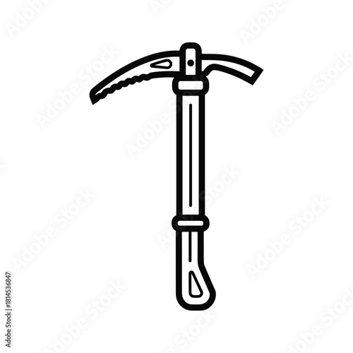 Simple black and white line art icon of an ice axe for mountaineering and climbing isolated on