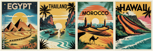 Set of vintage travel posters in retro art deco style featuring Egypt, Thailand, Morocco, and Hawaii with bold colors, geometric shapes, and dramatic sunlit silhouettes