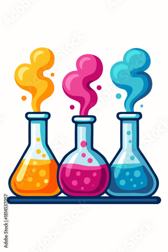 Bright laboratory flasks with colorful bubbling liquids and rising fumes
