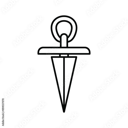 Simple black and white line art icon of a dagger or stiletto with a ring handle, isolated on