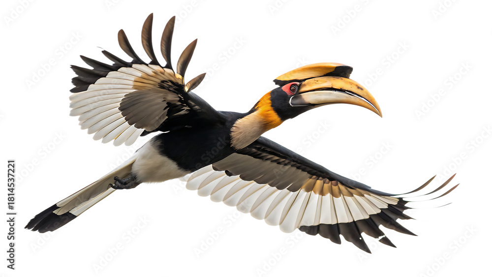 Naklejka premium Great Hornbill flying cut out on PNG, isolated on white background. AI GENERATED.