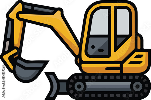 Yellow mini excavator vector icon for building sites and heavy equipment industrial machinery.