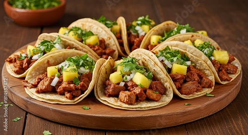 A delicious platter of authentic Mexican tacos al pastor served on a round wooden board, garnished with fresh pineapple, cilantro, and onions.