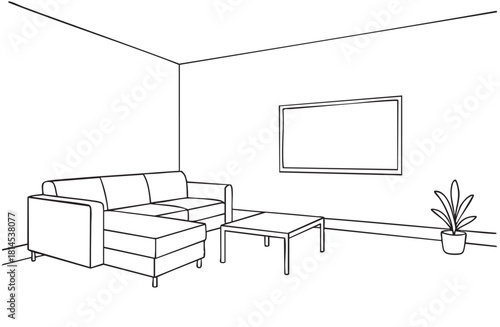 Sketchy linear illustration of living room interior with sofa and table