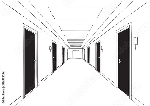 line sketch hotel hall with black doors