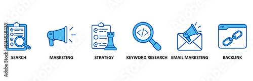 Seo marketing icon set In Blue Style, Vector Illustration for search, marketing, strategy, keyword research, email marketing, backlink