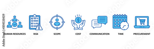 Project management icon set In Blue Style, Vector Illustration for human resources, risk, scope, cost, communication, time and procurement