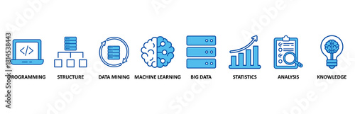 Data science icon set In Blue Style, Vector Illustration for programming, structure, data mining, machine learning, big data, statistics, analysis, knowledge