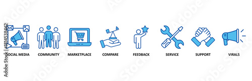 Social commerce icon set In Blue Style, Vector Illustration for social media, community, marketplace, compare, feedback, service, support and virals