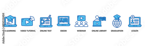 Online education icon set In Blue Style, Vector Illustration for e-learning, video tutorial, online test, ebook, webinar, online library, graduation, lesson