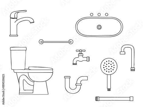 Black and White Line Art Water Faucet Icons in a Cutout Style