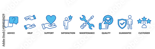 After-sales service icon set In Blue Style, Vector Illustration for advice, help, support, satisfaction, maintenance, quality, guarantee, customer�