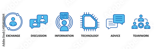 Communication icon set In Blue Style, Vector Illustration for exchange, discussion, information, technology, advice, and teamwork