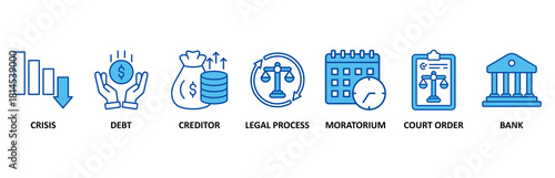 Bankruptcy icon set In Blue Style, Vector Illustration for crisis, debt, creditor, legal process, moratorium, court order, and bank