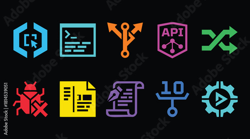 Vibrant software development icons showcasing API, coding, and debugging in modern design