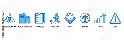 Ipo icon set In Blue Style, Vector Illustration for initial public offering with icon of crowdfunding, public company, approved, investor, trust, equity, stock and risk