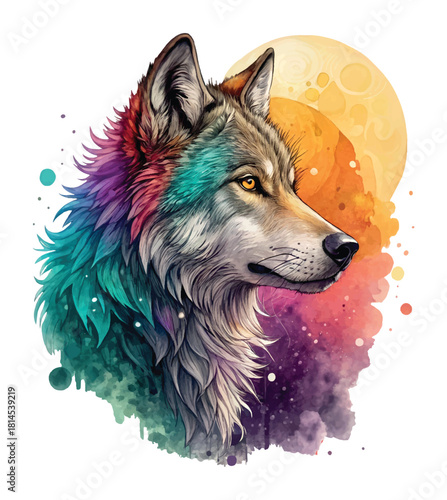 Mystical watercolor Wolf Portrait with  Moon and Galaxy Background.