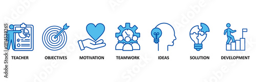 Workshop icon set In Blue Style, Vector Illustration for teacher, objectives, motivation, teamwork, ideas, solution, and development