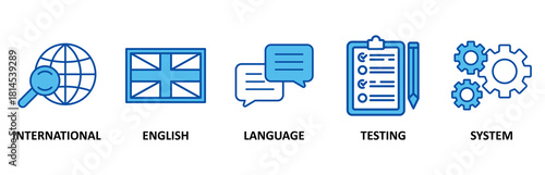 IELTS icon set In Blue Style, Vector Illustration for International English Language Testing System with an icon of globe, England flag, communication, evaluation, and gears