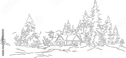 winter landscape with fir trees and line art or silhouette of cottage made by various hand drawn geometric patterns.