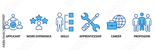 Traineeship icon set In Blue Style, Vector Illustration for apprenticeship on job training program with icon of applicant, work experience, skills, internship, career, and profession