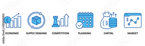 Market economy icon set In Blue Style, Vector Illustration for economic, supply demand, competition, planning, capital, market
