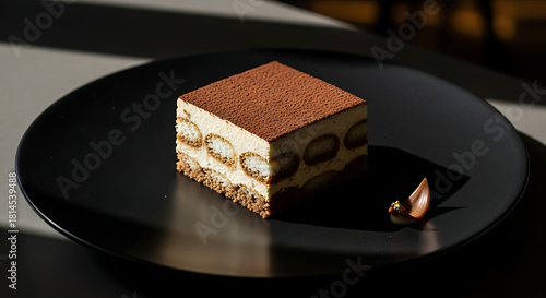 A square, layered tiramisu dessert is presented on a black plate, with a shadow.